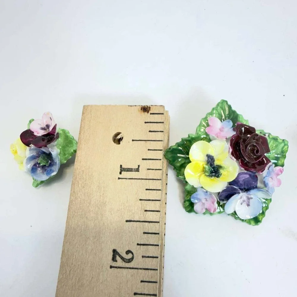 Vintage Made in England Bone China Floral Brooch and Clip On Earrings Set